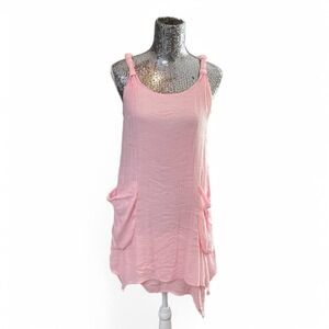 Lagenlook Silk Cotton Pink Asymmetrical Hem Dress S/M Artsy Boho Festival Pocket
